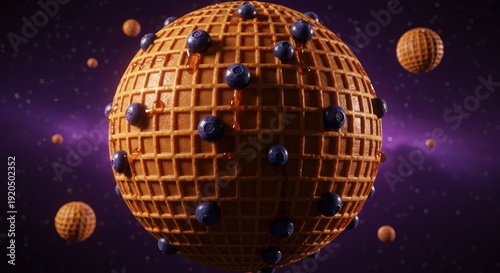 A spherical waffle dessert, covered in blueberries and honey, floats amidst space-like elements.