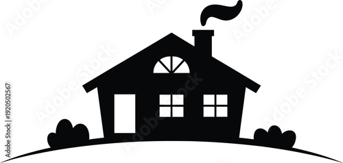 Simple silhouette of a charming house with a smoking chimney surrounded by stylized bushes on a gentle hill