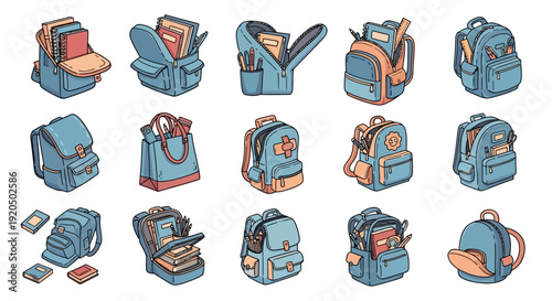A collection of various school backpacks and bags in different styles, some open with books, others closed, in an illustrative cartoon style.