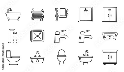 Sanitary Ware and Plumbing Outline Icons Set Bathroom Fixtures Editable Stroke Vector on White Background