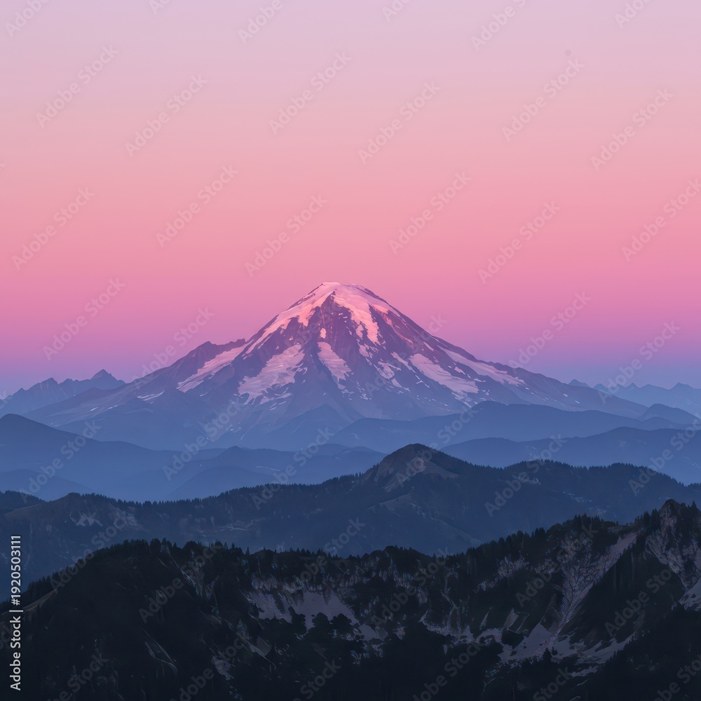 Fototapeta premium Grand mountain range under a serene twilight sky painted with soft pink and lavender colors at sunset, glow, background, horizon
