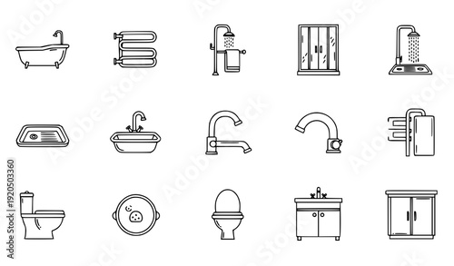 Modern Bathroom and Kitchen Plumbing Line Icons Collection Editable Stroke Minimal Vector Set on White