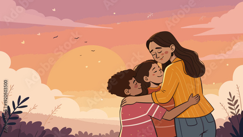 Heartwarming family moment with mother and kids hugging at sunset with warm sky and clouds