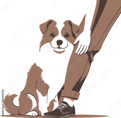 Clean vector illustration of a dog gently leaning against a human’s leg, minimalist style