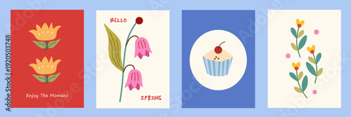 Spring season greeting card set. Hand drawn of flat floral cartoon with cute, cake, flowers, leaves, typography on colorful background. Vector illustration for vertical poster, banner, social media.