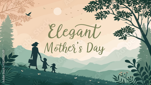 Elegant mother's day greeting card with family silhouette in nature landscape