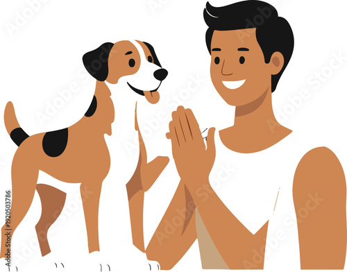 Flat minimal vector of a dog standing on two legs giving a friendly paw shake to a human.