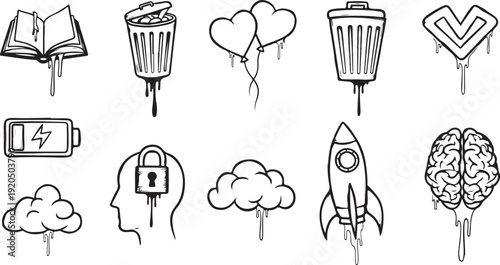 A collection of diverse and creative icons representing various concepts and ideas isolated on white background, Vector