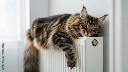 Maine Coon cat relaxing on a radiator in a modern home  