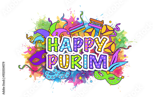Happy Purim Jewish Holiday greeting card. Traditional Purim carnival symbols with colorful splash