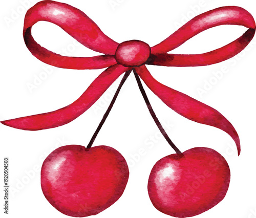 Watercolor red cherries tied with ribbon bow vector illustration