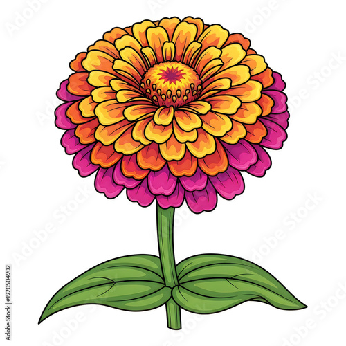 Wallpaper Mural A vibrant illustration of a colorful zinnia flower with vivid petals and green leaves Torontodigital.ca