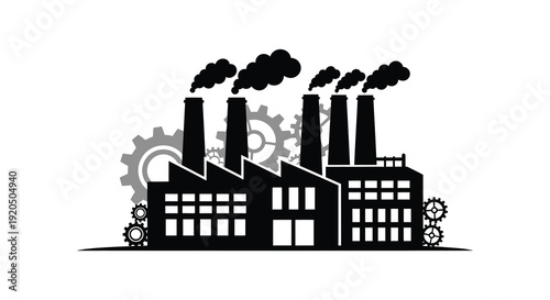 A stark black silhouette depicts an industrial complex with smokestacks and gears representing manufacturing and pollution silhouette high quality professional detailed