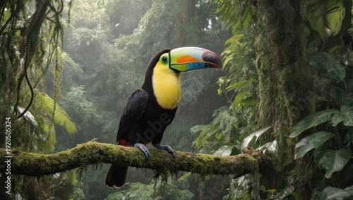Colorful Toucan Perched on a Branch in Lush Rainforest Habitat.