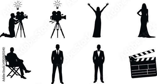 Film industry silhouettes set cameraman director actor clapperboard cinema production filmmaking black vector illustration collection