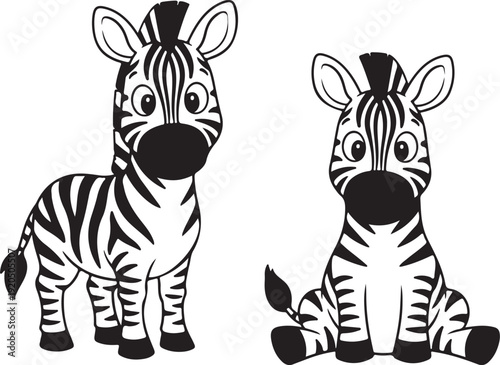 Two adorable cartoon zebras sitting side by side in a playful pose. isolated on white background, Vector