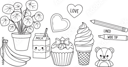 A delightful assortment of cute and colorful doodles featuring various food items and objects. isolated on white background, Vector