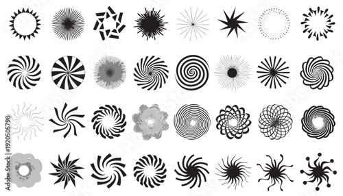 Very beautiful collection of bold black sunburst symbols featuring diverse ray patterns, circular bursts, and star-like radiance, arranged on a white background for versatile graphic and branding appl