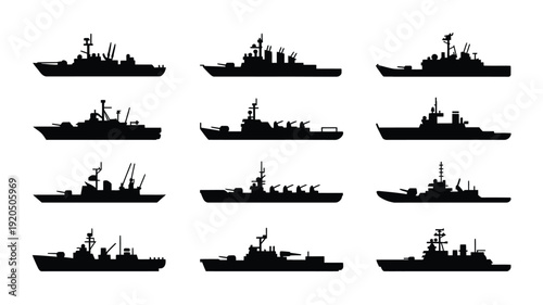 Collection of various naval warship silhouettes in black on white background for design and military concepts