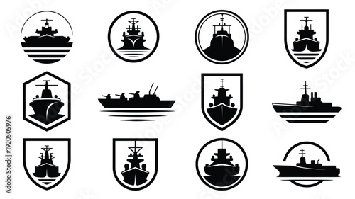 Military ship silhouettes logos collection naval vessel icons black and white graphic resources for design