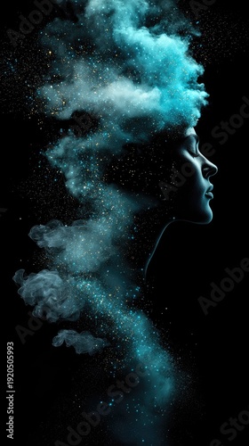 Profile Silhouette of a Woman Dissolving into Teal Blue and Gold Light Particles and Smoke Against a Stark Black Background with Dramatic Lighting