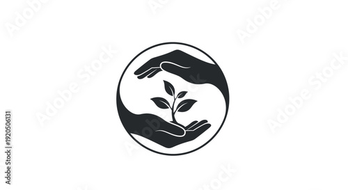 Hands holding a small plant icon.