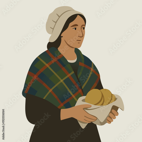 Scottish woman in tartan shawl holding fresh bread.