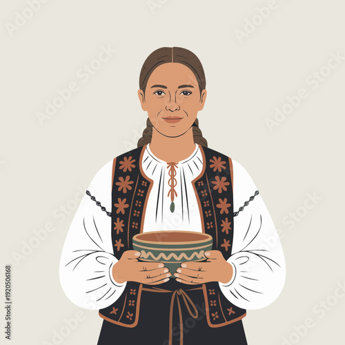 Slavic woman in embroidered vest holding ceramic bowl.