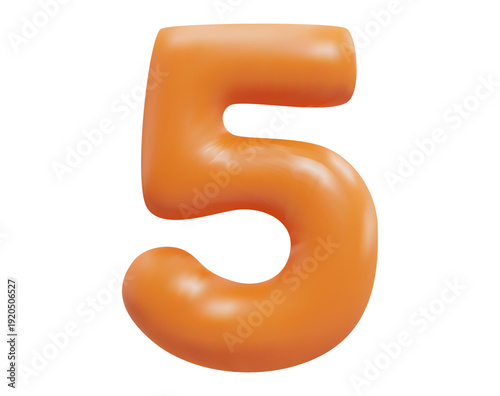 Number 5. Five Number sign orange color. Realistic 3d design in cartoon balloon style. Isolated on white background.