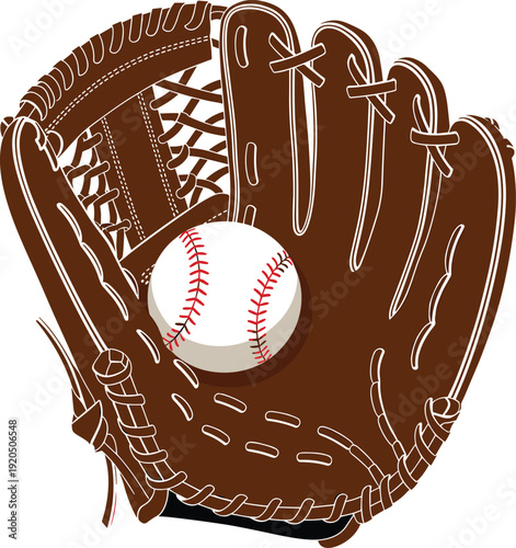 Baseball glove with ball vector illustration, detailed brown leather mitt isolated on white background for sports equipment, game and athletic design