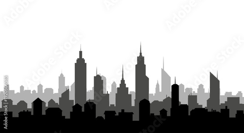 Monochrome city skyline silhouette illustration.