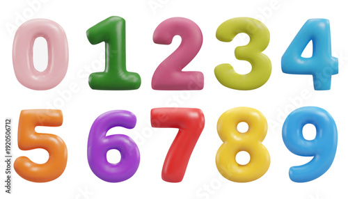 Number 3d set. Render illustration of cartoon colorful glossy inflatable balloon numbers for creating sale.