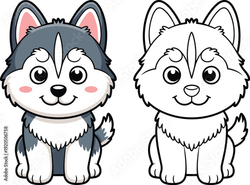 Cute cartoon husky puppy character set, colored and outline version isolated on white background, adorable dog mascot vector illustration for kids design