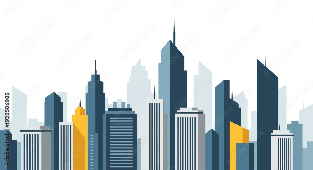 Obraz premium Modern city skyline illustration with blue and yellow flat vector buildings
