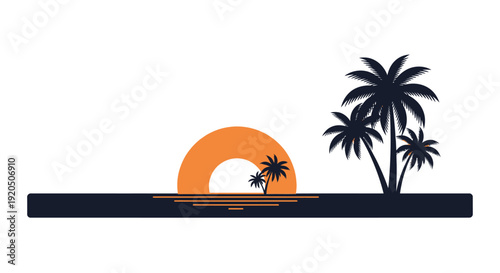 Minimalist tropical sunset silhouette with palm trees on a white background