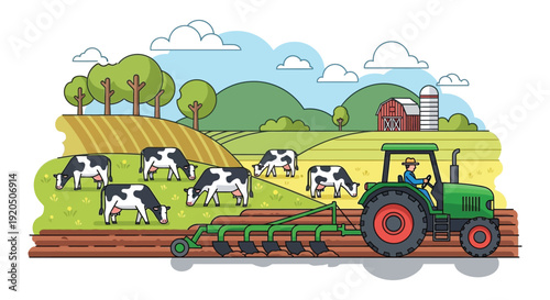 A vibrant countryside scene depicts a farmer plowing a field with cows a tractor and a barn silhouette high quality professional