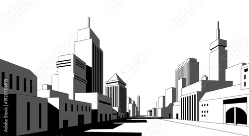 Minimalist black and white architectural illustration of a modern city street skyline