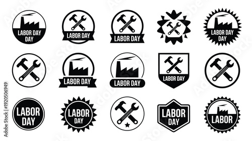 Labor day badges and labels with tools and city skylines in black silhouette on white background for holiday celebrations