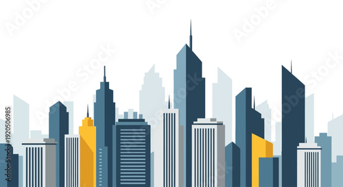 Modern city skyline illustration with blue and yellow flat vector buildings