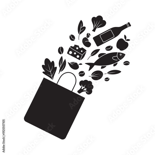 A black silhouette illustration of a grocery bag overflowing with food items