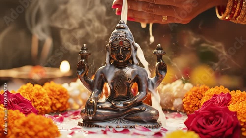 Religious Ceremony Offering Milk To A Bronze Deity Statue Surrounded By Flowers Incense Smoke
