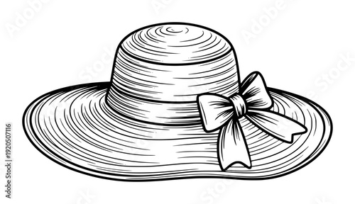 Black and white line of a wide-brimmed straw hat with a bow a white background fashion
