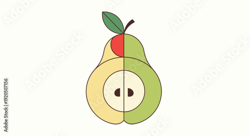 Geometric Pear Illustration with Cut Section and Seeds