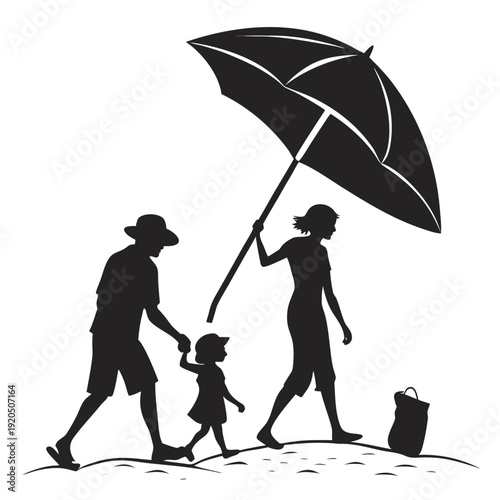 A black vector illustration shows a family and a couple with umbrellas walking in the rain, featuring silhouettes of a man, woman, mother, and children