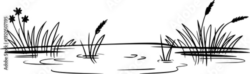 Black and white outline of reeds and small flowers in water nature grass