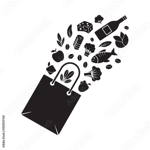 A black silhouette of a paper bag overflowing with various food items