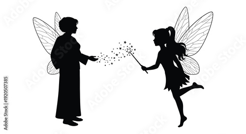 A heartwarming scene depicts a grandmother and granddaughter sharing a magical moment with dandelion seeds silhouette high quality professional