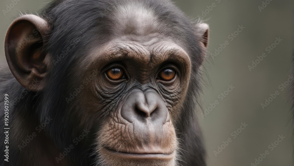 Fototapeta premium Close up portrait of a chimpanzee with expressive eyes and wrinkled face.