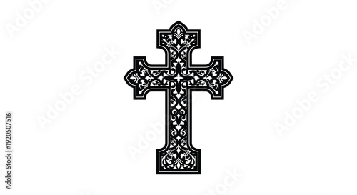 An ornate black cross with intricate floral patterns stands out against a stark white background a striking silhouette