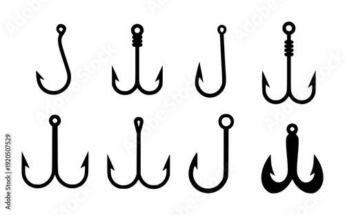 Collection of Black Fishing Hooks Various Shapes and Sizes Isolated White Background